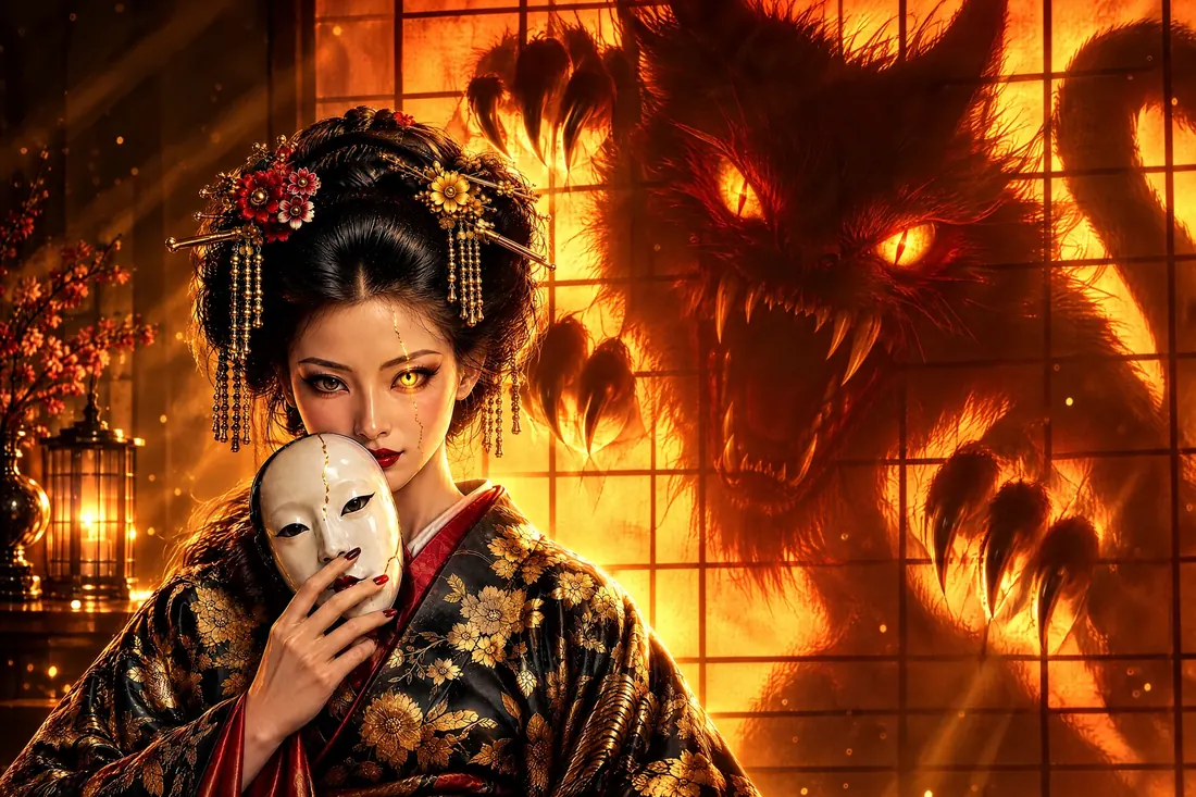 Lady Akane lowers her mask while the beast's shadow rises behind her