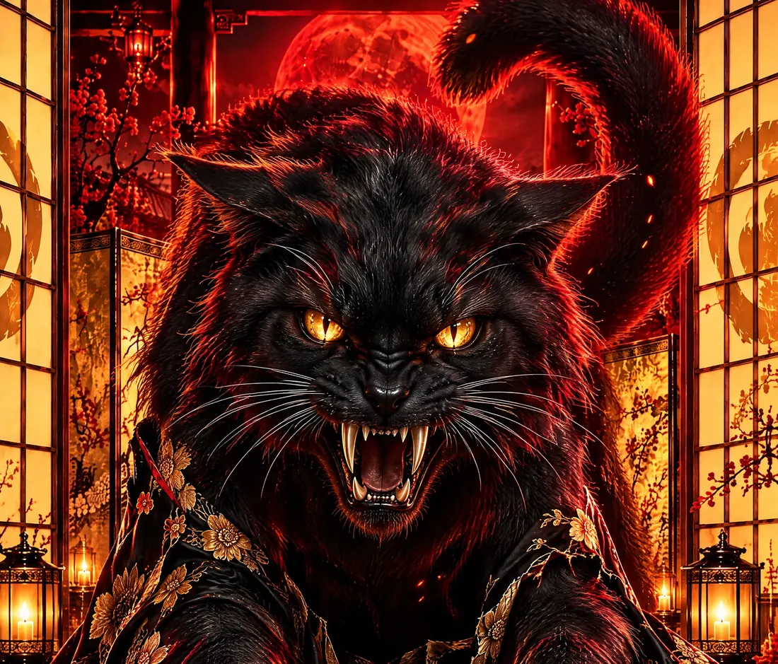 The black cat crouched in a crimson chamber under a red moon