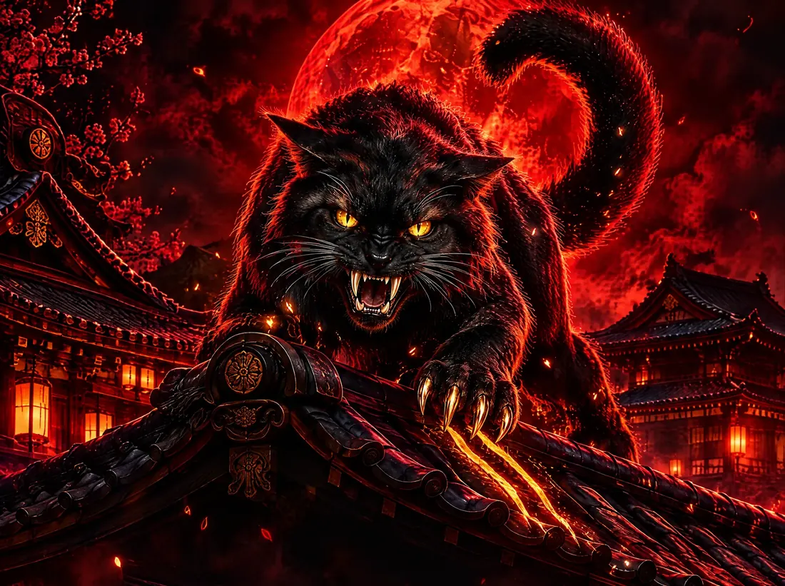 The beast on a temple roof at night, claws on the tiles