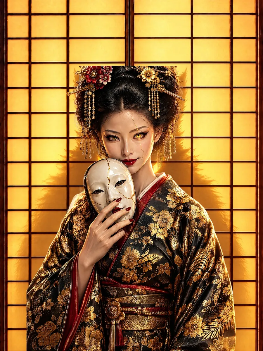Lady Akane holding a cracked white mask, the shadow of a huge cat on the paper screens behind her